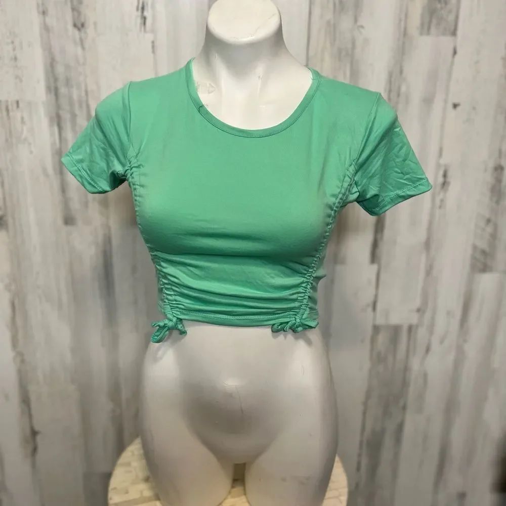 Love Mint Green Ruched Crop Top Womens Size Large L Short Sleeve Drawstring Tee